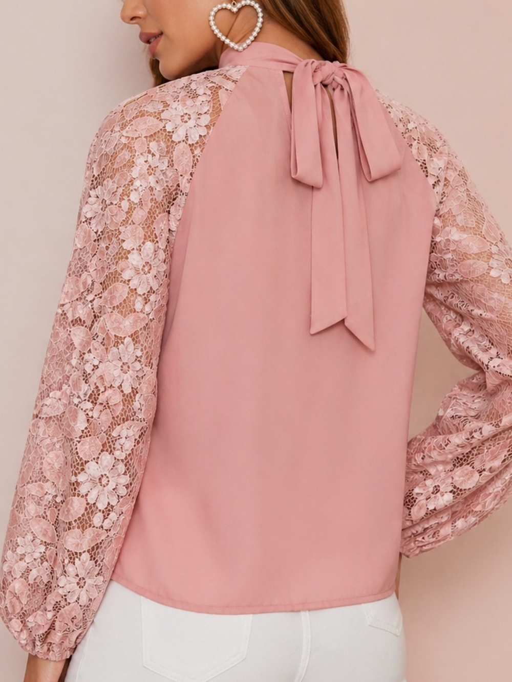 🎀 Romantic Dusty Pink Lace Sleeve Bow Tie Blouse Soft Coquette Feminine Sz L